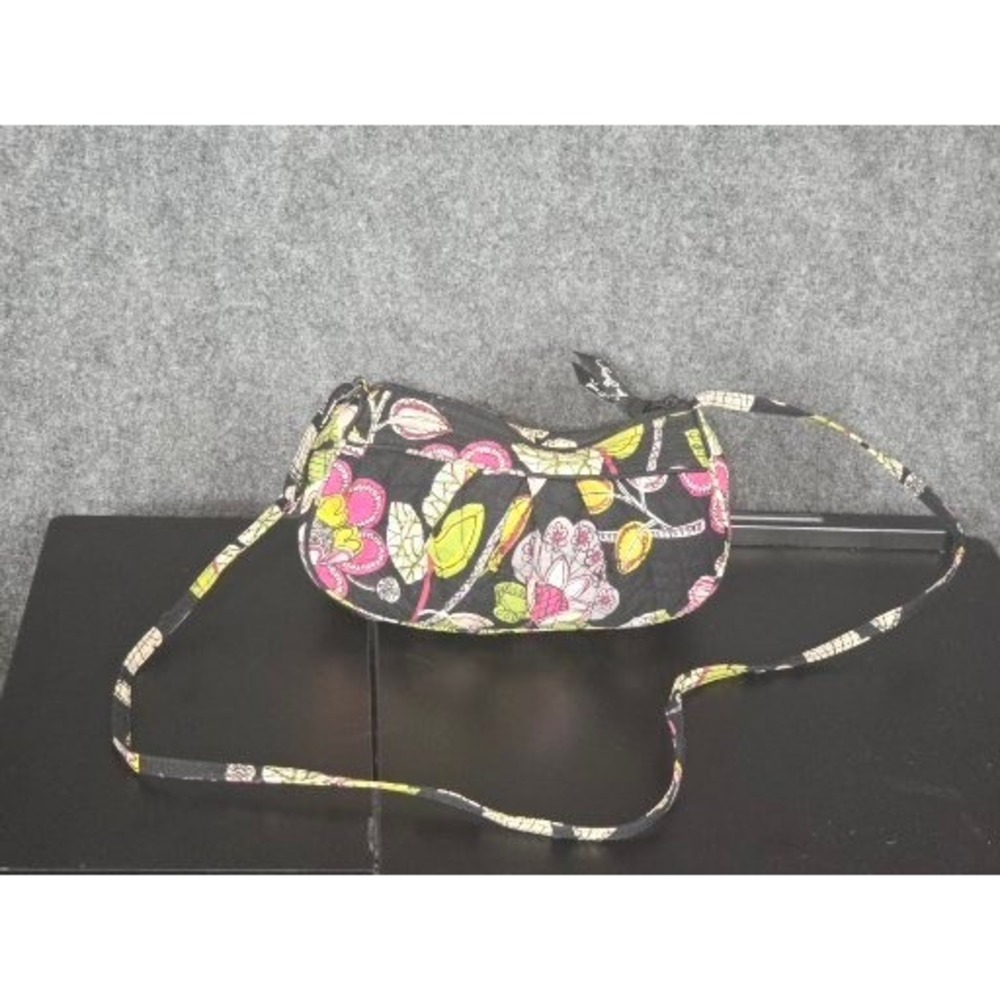 Vera Bradley Night and Day Floral Quilted Cotton Crossbody Bag Black Pink 9x5x2